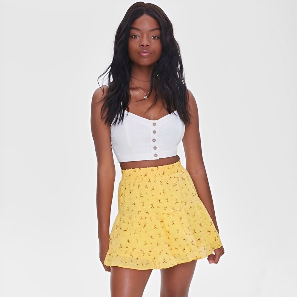 New Forever 21 Yellow Gold Floral Print Clip Dot Mini Skirt